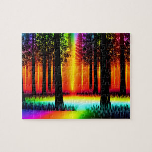 Tree Silhouettes in Rainbow Forest and Orange Glow Jigsaw Puzzle