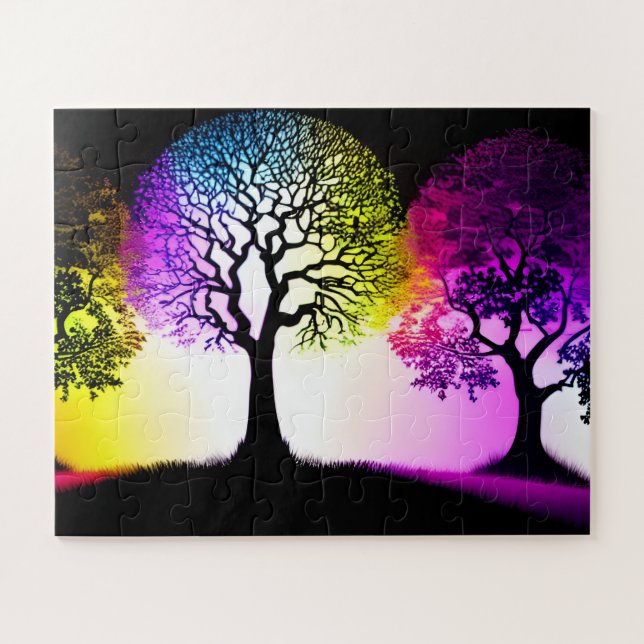 Tree Silhouettes with Rainbow Sky Flare Jigsaw Puzzle (Horizontal)