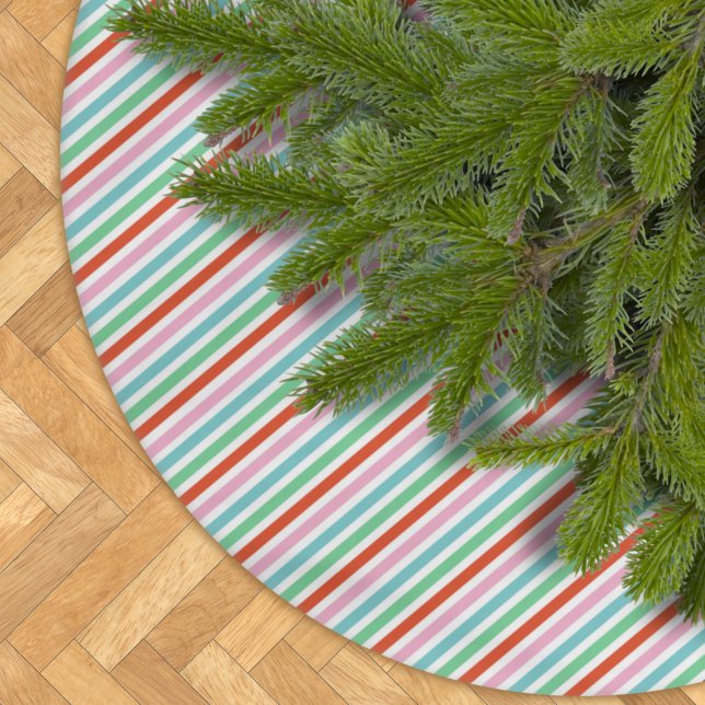 Tree Skirt | Christmas Stripes Colorful Cheerful (Stylish striped holiday tree skirt in cheerful rainbow shades of red, green, blue, and pink)