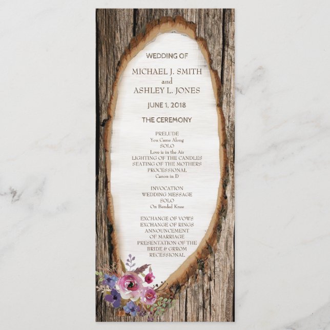 Tree Slice Stump with Flowers Wedding Program (Front)