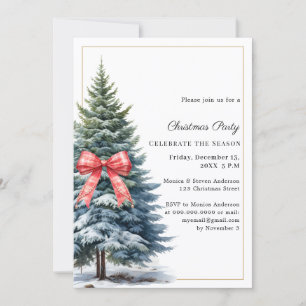Tree snow red tartan bow Christmas Party Invitation