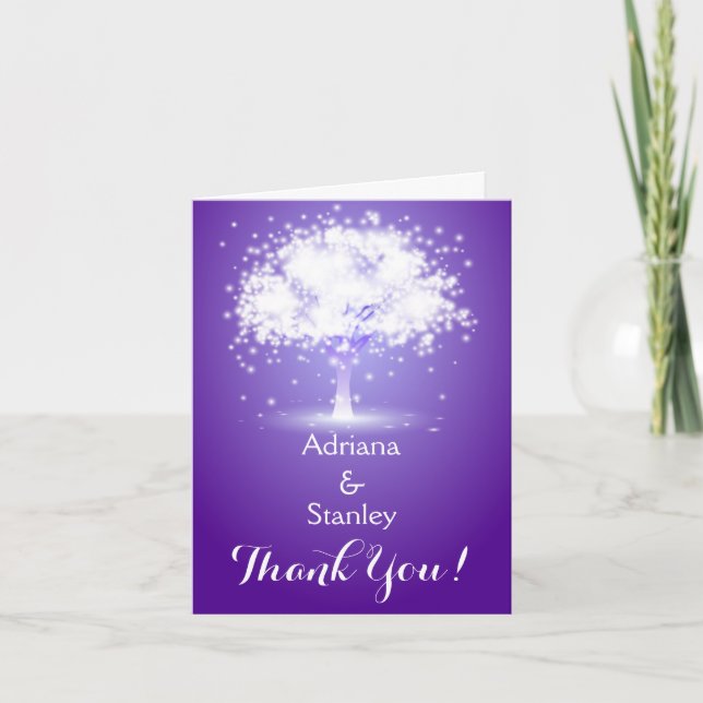 Tree & sparkling lights purple wedding Thank You Card (Front)