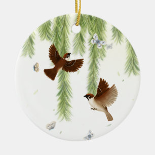 Tree Sparrows Under a Weeping Willow Personalised Ceramic Ornament