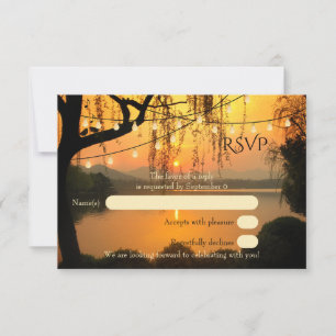 Tree String Lights Sunset Wedding RSVP Card