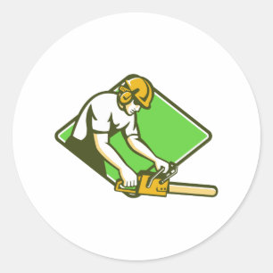 tree surgeon arborist lumberjack chainsaw classic round sticker