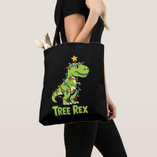 Tree T Rex Dinosaur Christmas Lights Star Xmas Tote Bag