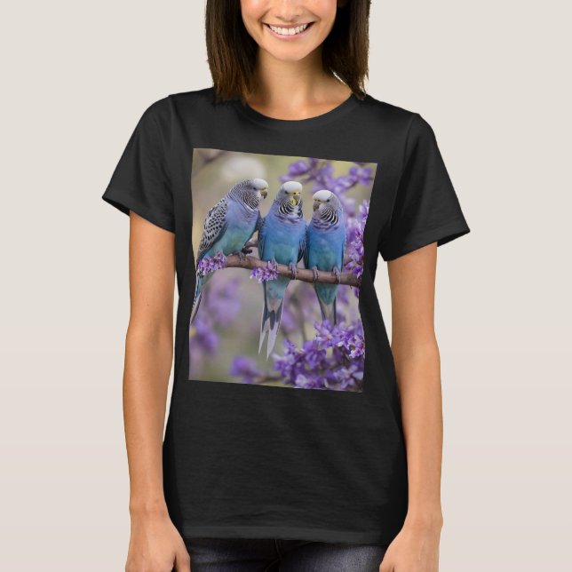 Tree Top Chatter: Blue Budgies In Jacaranda Tree, (Front)