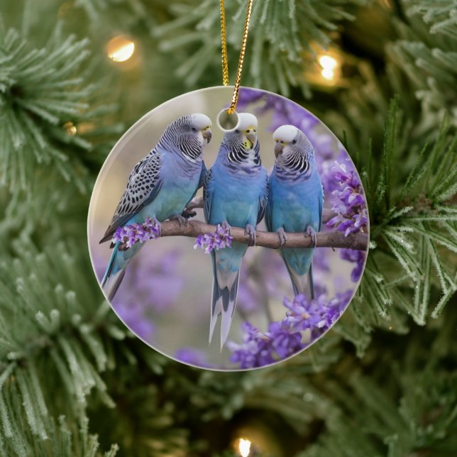 Tree Top Chatter: Blue Budgies In Jacaranda Tree, Ceramic Ornament (Tree)