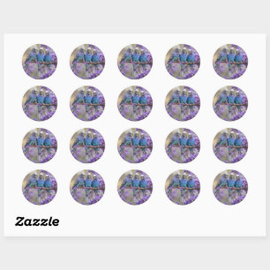 Tree Top Chatter: Blue Budgies In Jacaranda Tree, Classic Round Sticker