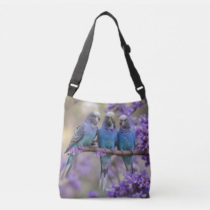 Tree Top Chatter: Blue Budgies In Jacaranda Tree, Crossbody Bag