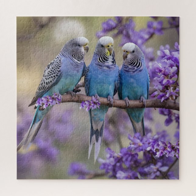 Tree Top Chatter: Blue Budgies In Jacaranda Tree, Jigsaw Puzzle (Vertical)