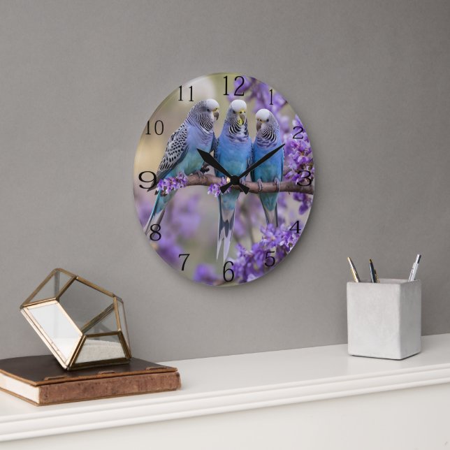 Tree Top Chatter: Blue Budgies In Jacaranda Tree, Large Clock (Office)