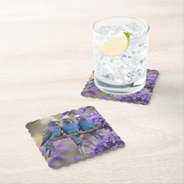 Tree Top Chatter: Blue Budgies In Jacaranda Tree, Paper Coaster (Insitu)