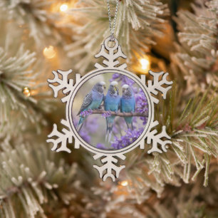 Tree Top Chatter: Blue Budgies In Jacaranda Tree, Snowflake Pewter Christmas Ornament