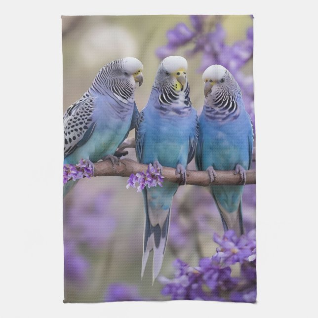 Tree Top Chatter: Blue Budgies In Jacaranda Tree, Tea Towel (Vertical)