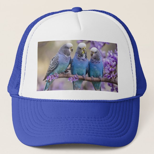 Tree Top Chatter: Blue Budgies In Jacaranda Tree, Trucker Hat (Front)