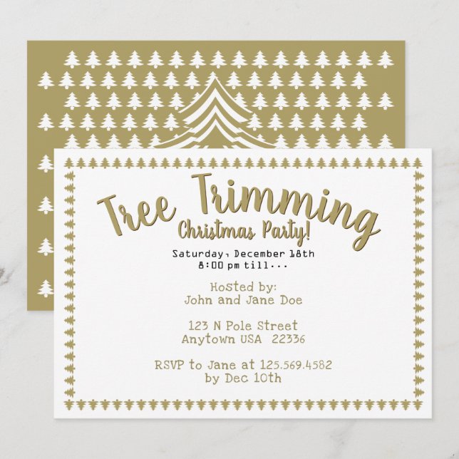 Tree Trimming Christmas Party Gold/White Fonts Invitation (Front/Back)