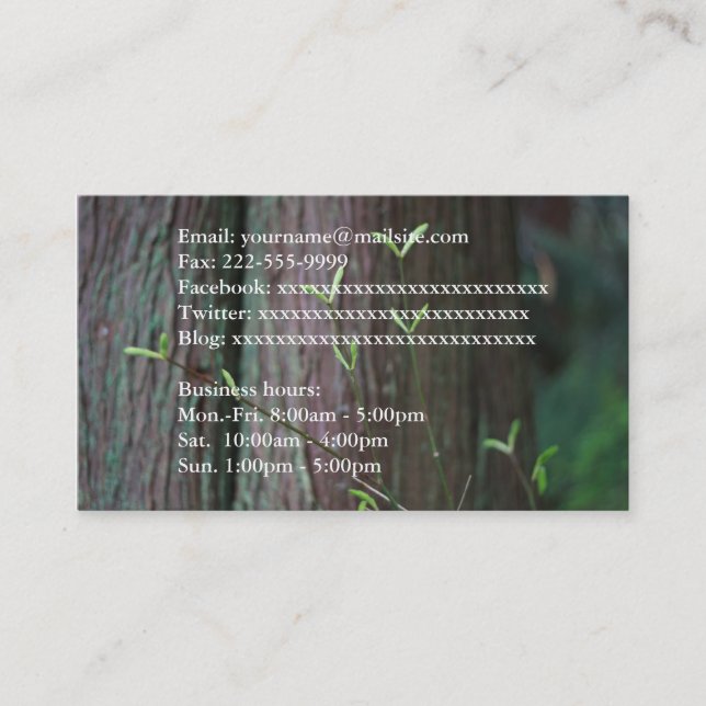 Tree trunk and spring green leaves full informatio business card (Front)