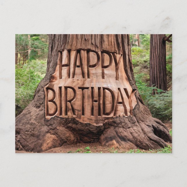 tree trunk carved with happy birthday postcard (Front)