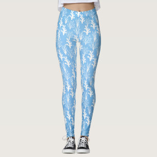 Tree white corals on blue background leggings
