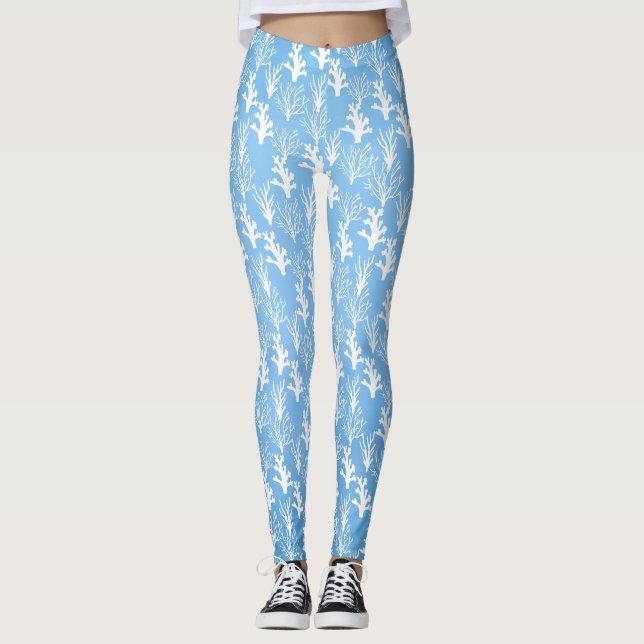 Tree white corals on blue background leggings (Front)