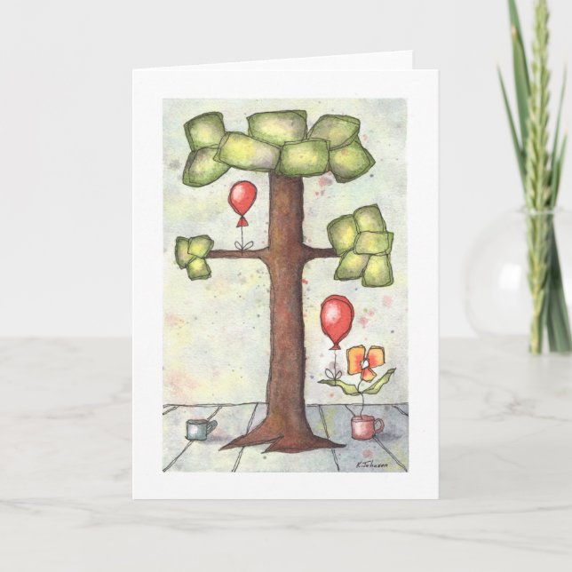 Tree with Balloon Watercolor Greeting Card (Front)