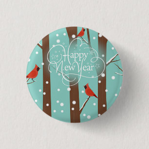 Tree With Orange Birds and Beautiful Snowflakes 3 Cm Round Badge