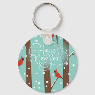 Tree With Orange Birds and Beautiful Snowflakes Key Ring