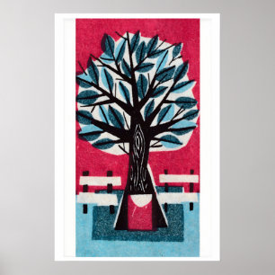 Tree with Park Benches Matchbox Art Print, Czech Poster
