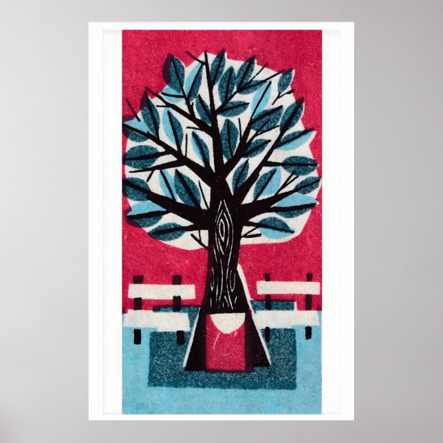 Tree with Park Benches Matchbox Art Print, Czech Poster (Front)