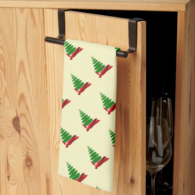 Tree with Red Ribbon Christmas Tea Towel (Thirds Fold)