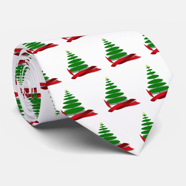 Tree with Red Ribbon Christmas Tie (Rolled)