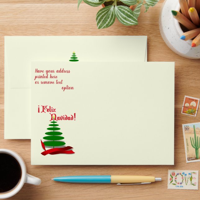 Tree with Red Ribbon Feliz Navidad Christmas Envelope (Desk)