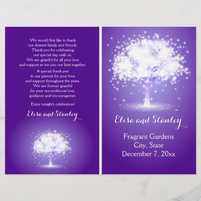 Tree with sparkling lights purple wedding program (Front)