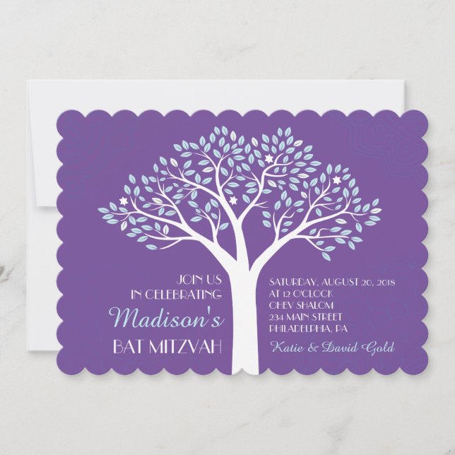 TREE WITH STARS Purple Bat Mitzvah Invitation (Front)