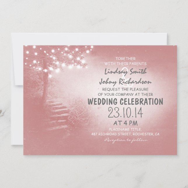 tree with string lights coral pink rustic wedding invitation (Front)