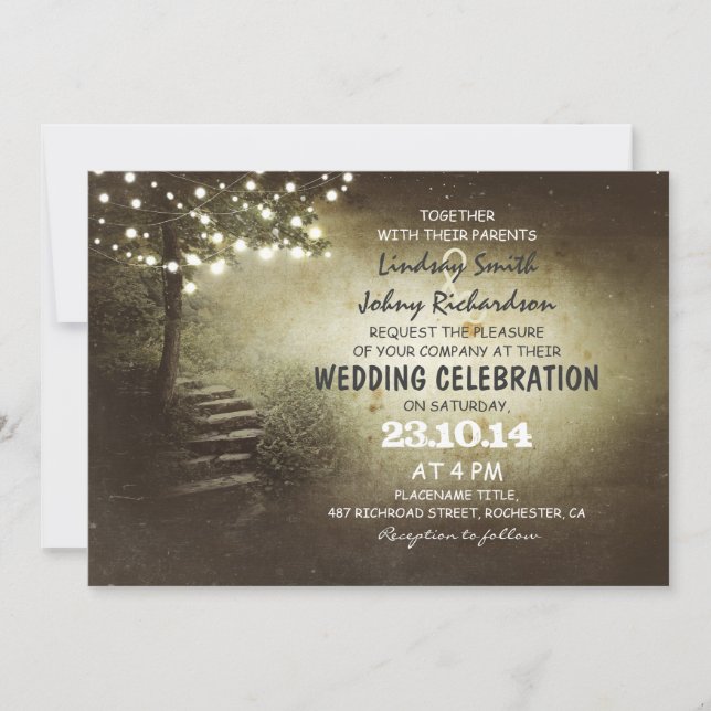 tree with string lights rustic wedding invitations (Front)