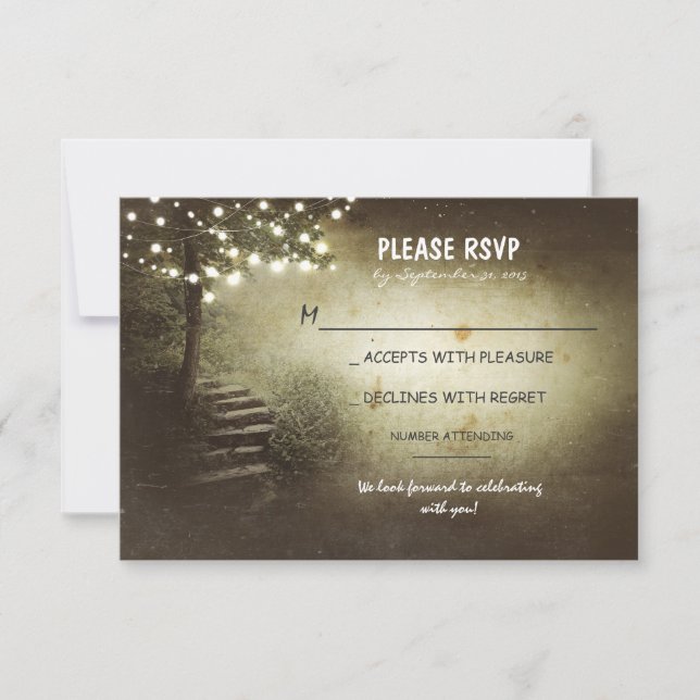 tree with string lights rustic wedding RSVP cards (Front)