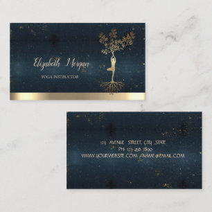 Tree Women Silhouette Blue Gold Yoga Instructor  Business Card