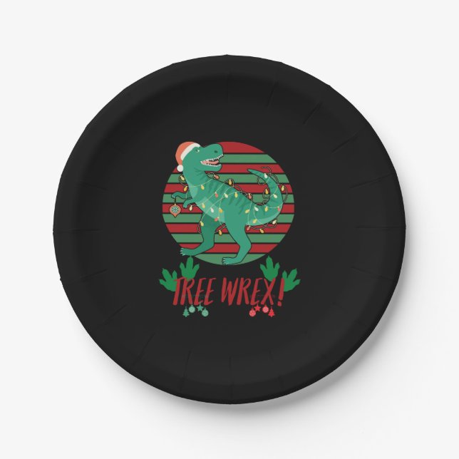 Tree Wrex! T Rex Christmas Tree Funny Dinosaur Pun Paper Plate (Front)