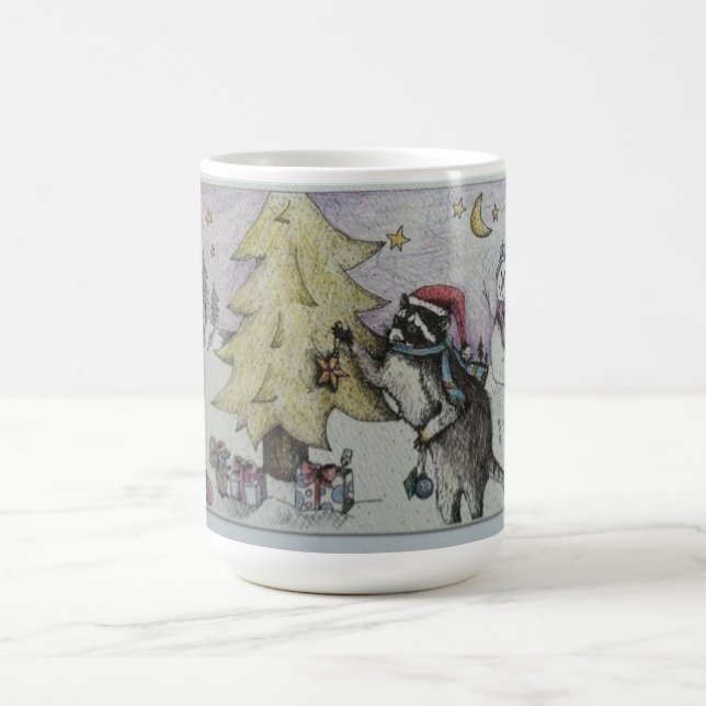 treee decorating racoon coffee mug (Center)