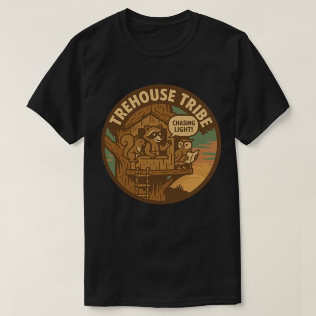 Treehouse Tribe Racoon Squirrel Owl Chasing Light T-Shirt (Design Front)