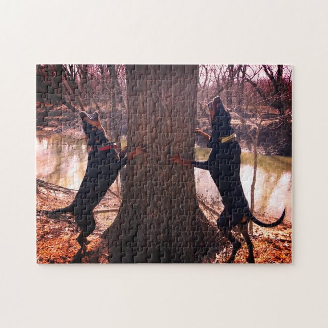 Treeing Black & Tan Coonhounds On The River Jigsaw Puzzle (Horizontal)