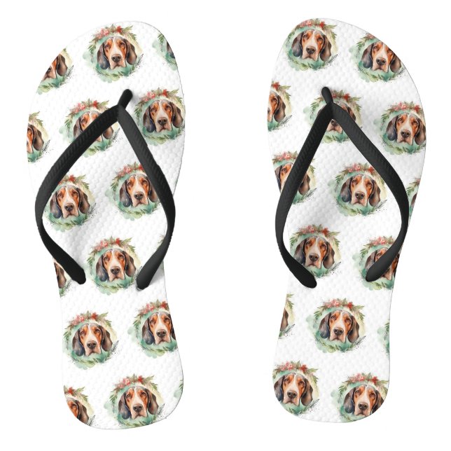 Treeing Walker Christmas Wreath Festive Pup  Thongs (Footbed)