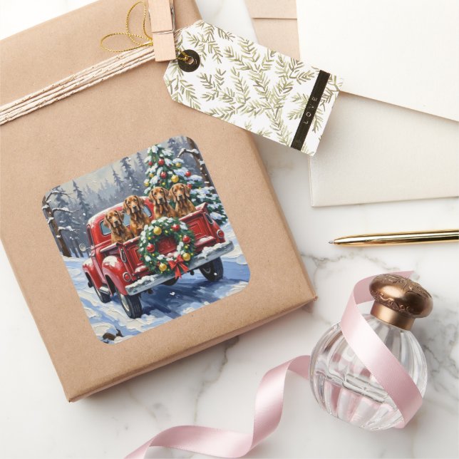 Treeing Walker Coonhound Christmas Red Truck Square Sticker (Gifting)