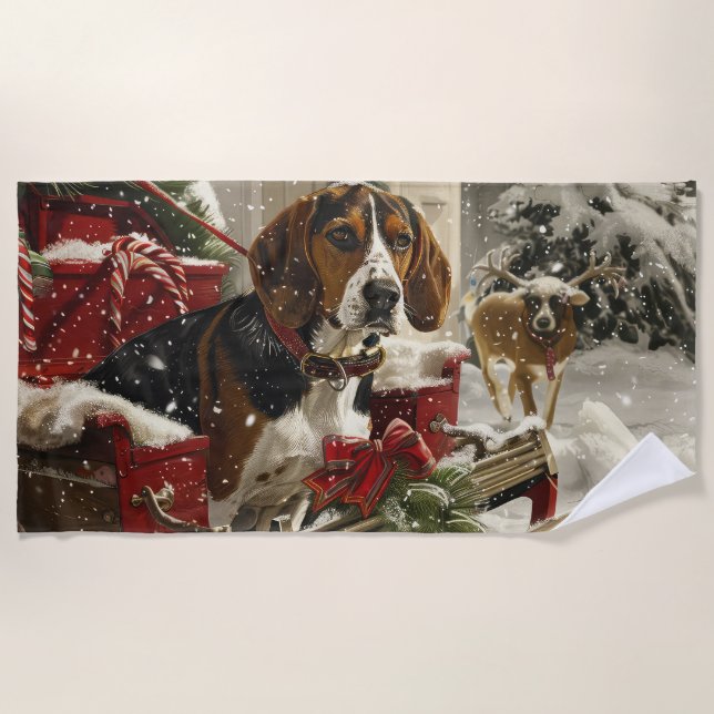 Treeing Walker Coonhound Dog Christmas Festive Beach Towel (Front)