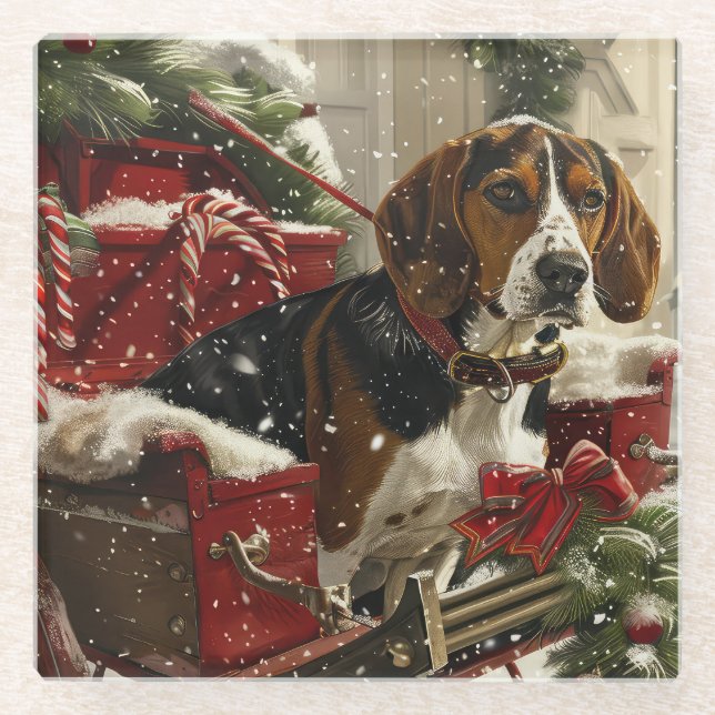 Treeing Walker Coonhound Dog Christmas Festive Glass Coaster (Front)