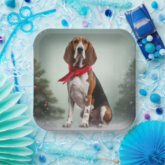 Treeing Walker Coonhound Dog in Snow Christmas Paper Plate (Party)
