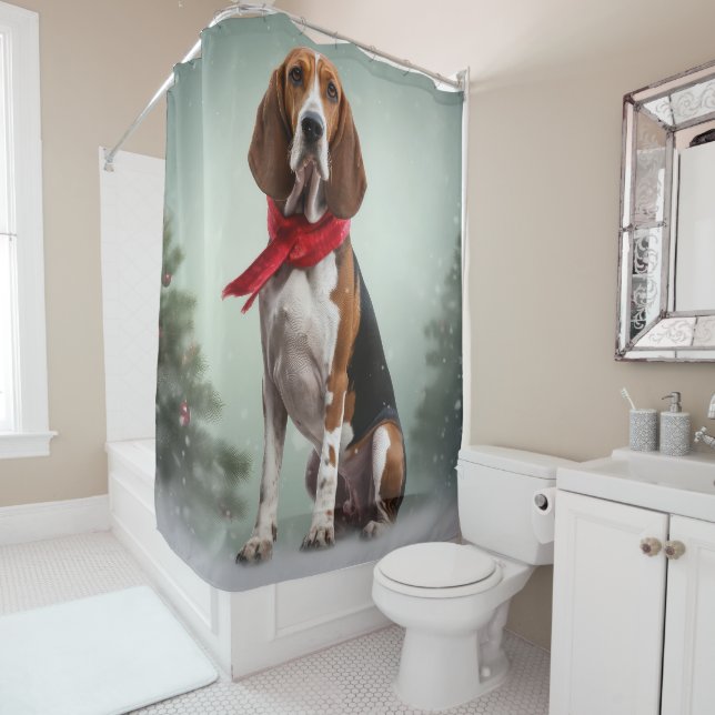 Treeing Walker Coonhound Dog in Snow Christmas Shower Curtain (In Situ)