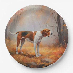 Treeing Walker Coonhound in Autumn Leaves Fall Paper Plate